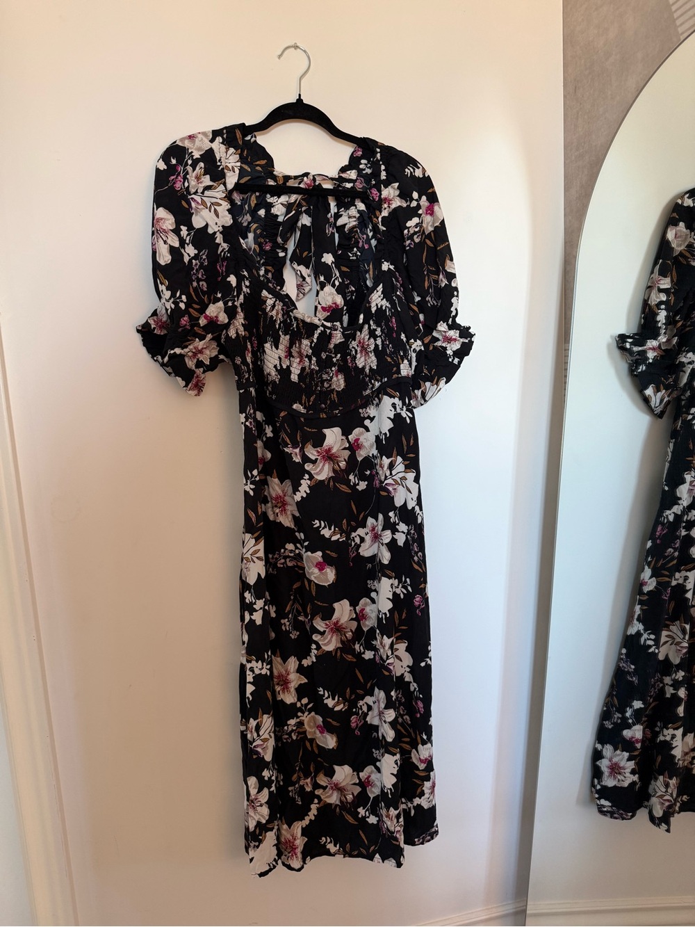 Anthropologie Navy Floral Midi Dress with Pink and White Blooms